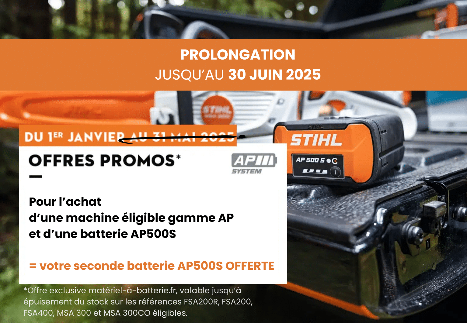 Offre exclusive matériel-à-batterie.fr, valable jusqu’à épuisement du stock sur les références FSA200R, FSA200, FSA400, MSA 300 et MSA 300CO éligibles.